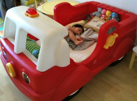 fire engine Tru's favorite bed for now